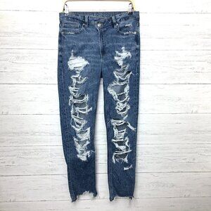 American Eagle Criss Cross Highest Rise Mom Jeans Distressed Straight Leg size 8